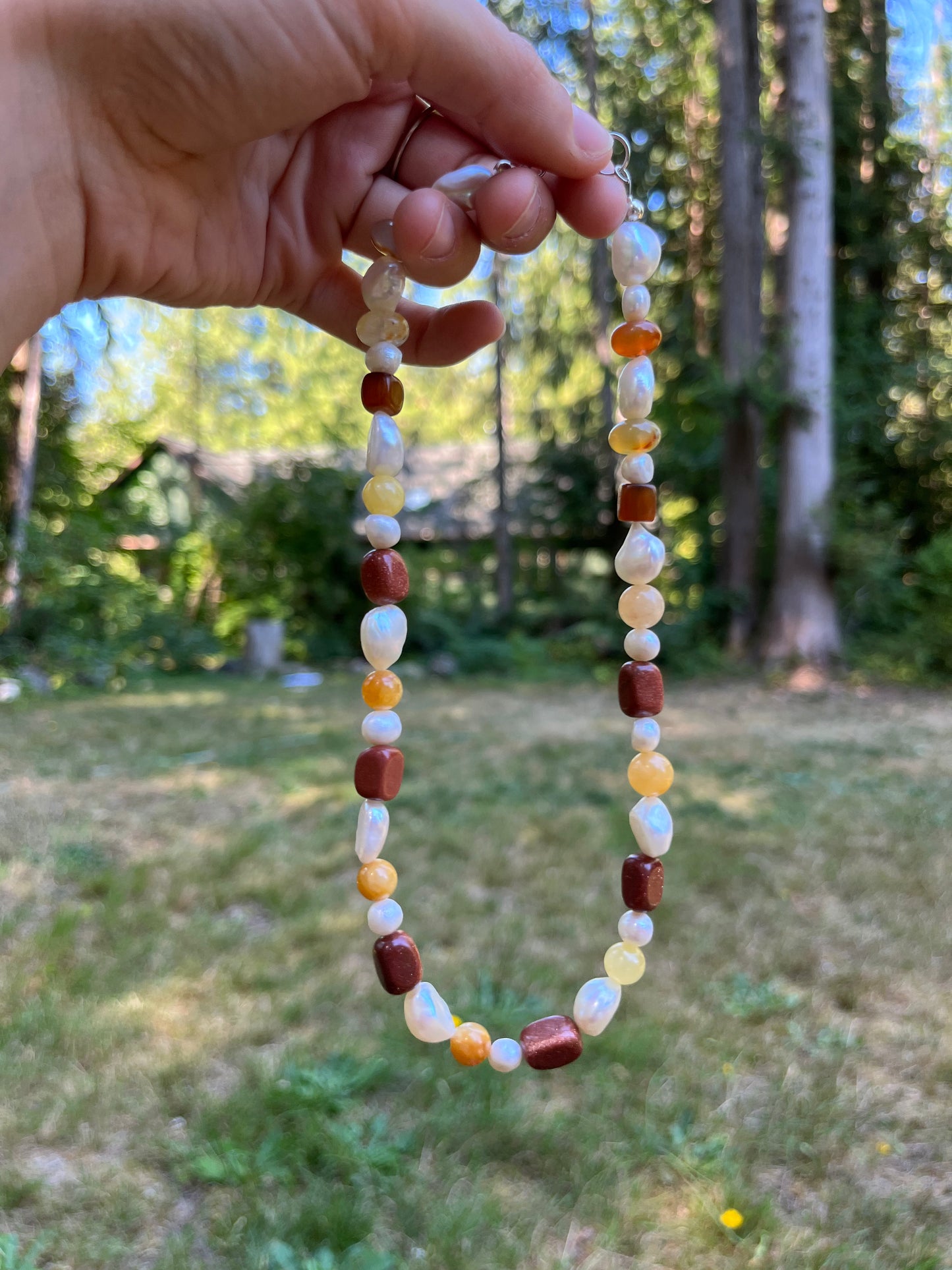 Chunky Pearl, Adventurine, Yellow Jade & Goldstone Necklace