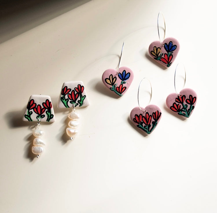 Hand drawn flower studs and fresh water pearls
