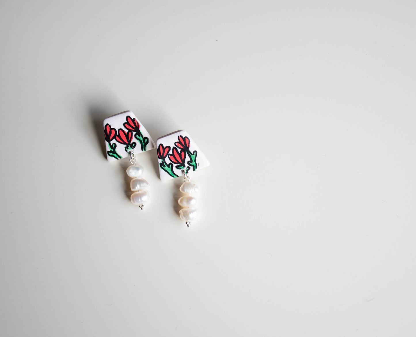 Hand drawn flower studs and fresh water pearls