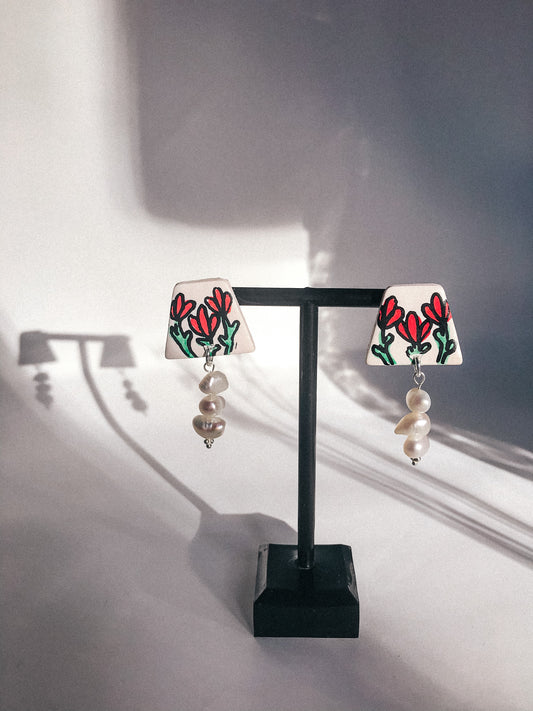 Hand drawn flower studs and fresh water pearls